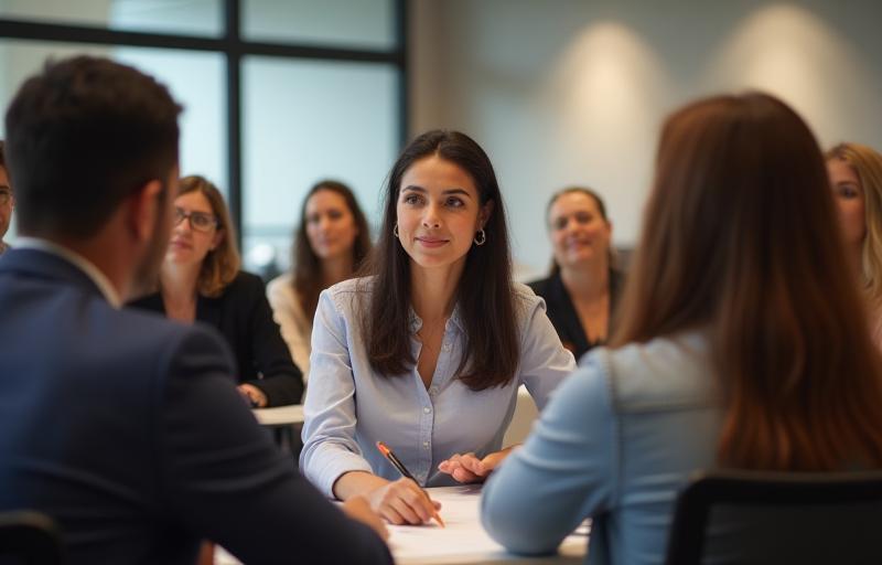Trainer interacting with students in a classroom setting