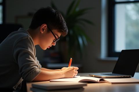 Student studying with books
